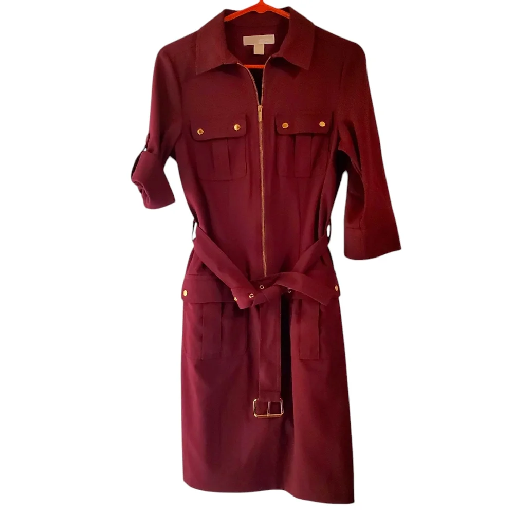 Michael Kors Burgundy or Tan Shirt Dress Goldtone Hardware Small - Picture 7 of 14